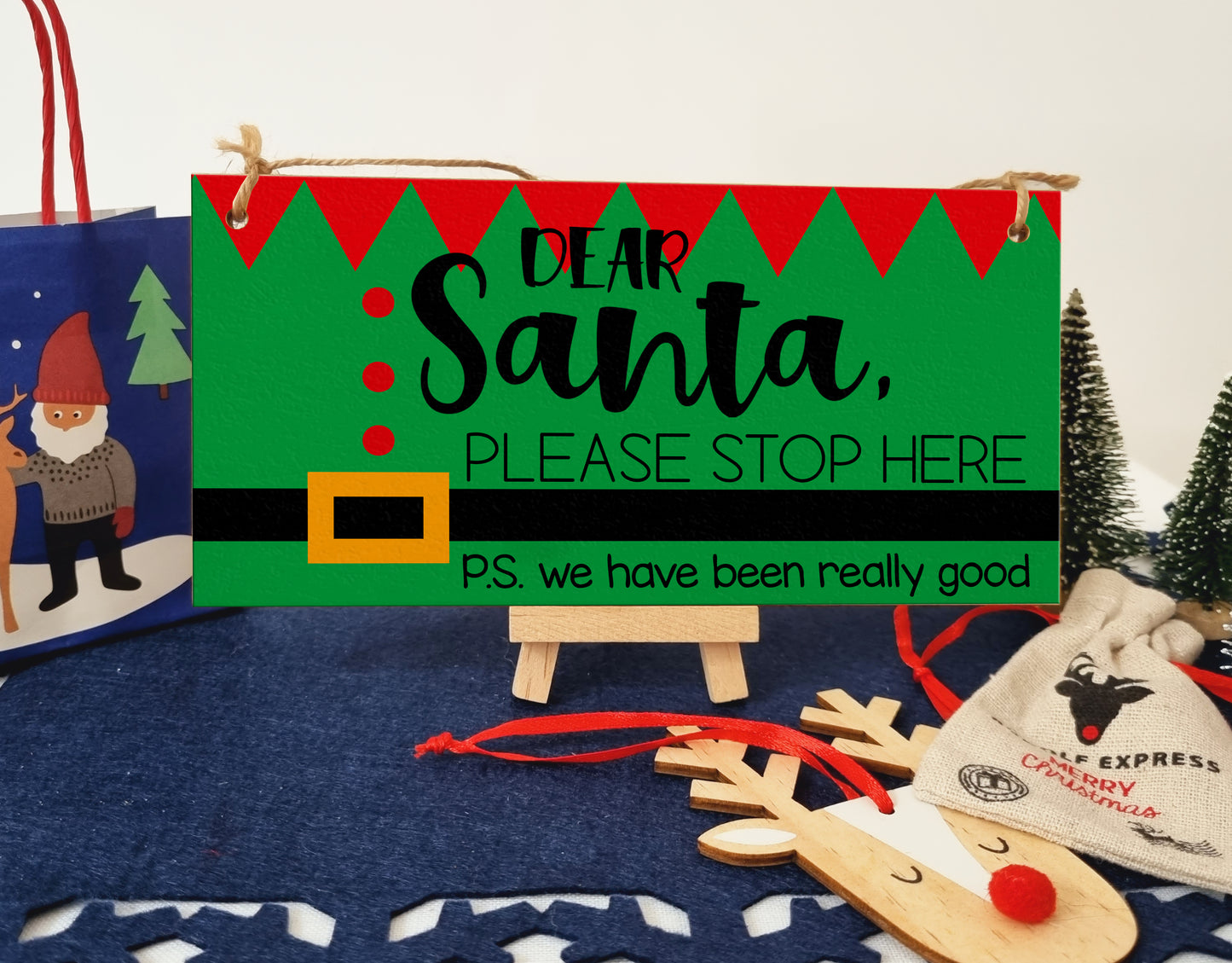 Dear Santa Please Stop Here We've Been Good Fun Elf Christmas Kids Sign Handmade Wooden Hanging Wall Plaque Gift