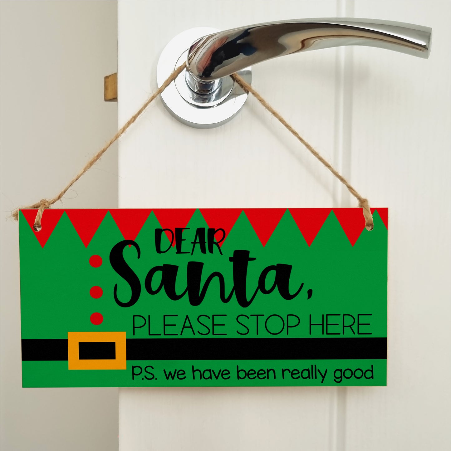 Dear Santa Please Stop Here We've Been Good Fun Elf Christmas Kids Sign Handmade Wooden Hanging Wall Plaque Gift