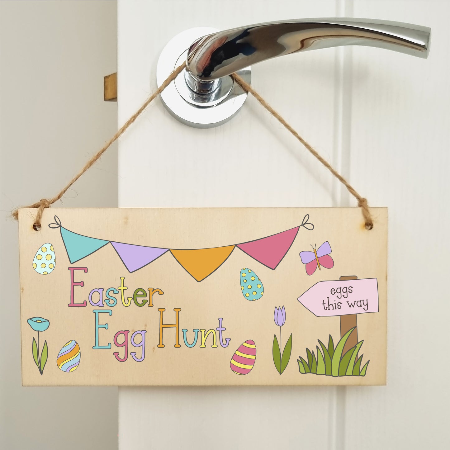 Handmade Wooden Hanging Wall Plaque Easter Egg Hunt Cute Fun Kids Easter Sign Garden Kitchen Decoration