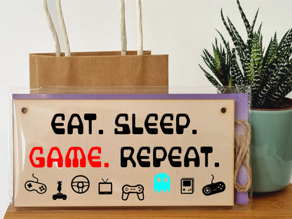 Handmade Wooden Hanging Wall Plaque Eat Sleep Game Repeat Fun Novelty Gamer Gift Computer Game Fans Man Cave