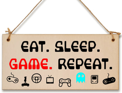 Handmade Wooden Hanging Wall Plaque Eat Sleep Game Repeat Fun Novelty Gamer Gift Computer Game Fans Man Cave