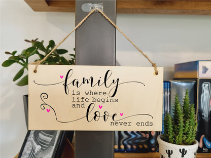 Handmade Wooden Hanging Wall Plaque Family Where Life Begins Love Never Ends Decorative Sentimental Sign Gift Family