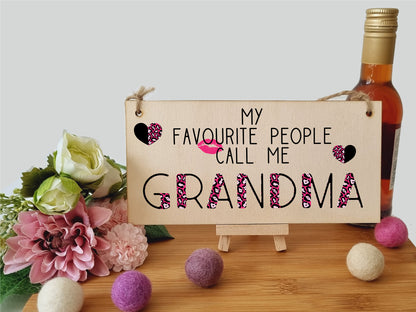 Handmade Wooden Hanging Wall Plaque Favourite People Call Me Grandma Fun Leopard Print Gift Sign Mother's Day