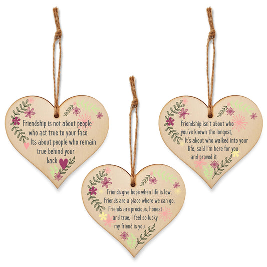 Set of 3 Hanging Decorations Wooden Hearts Friendship Gifts or BFF Besties Celebration | Friends Are Precious | Friends Stay True