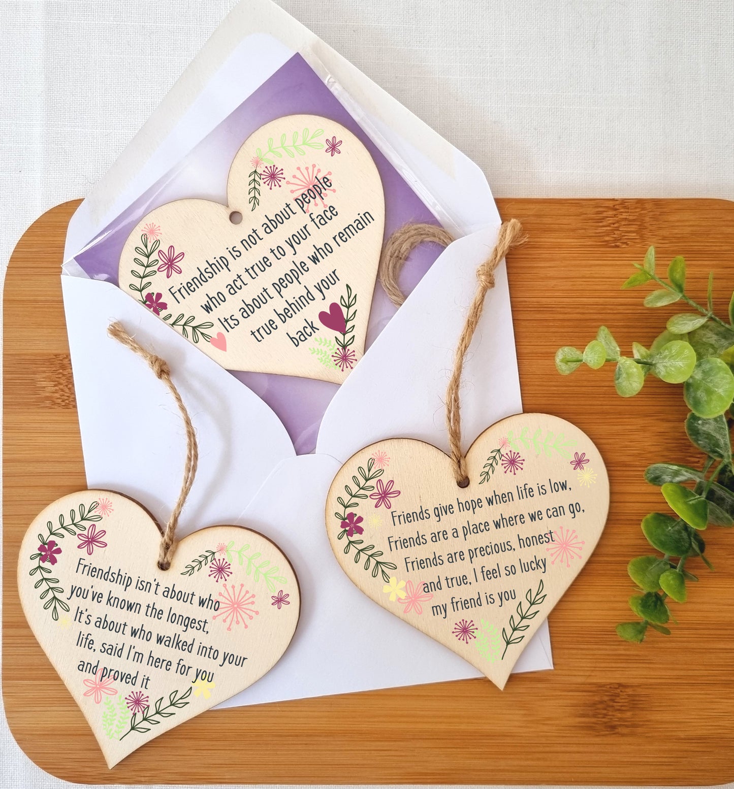 Set of 3 Hanging Decorations Wooden Hearts Friendship Gifts or BFF Besties Celebration | Friends Are Precious | Friends Stay True