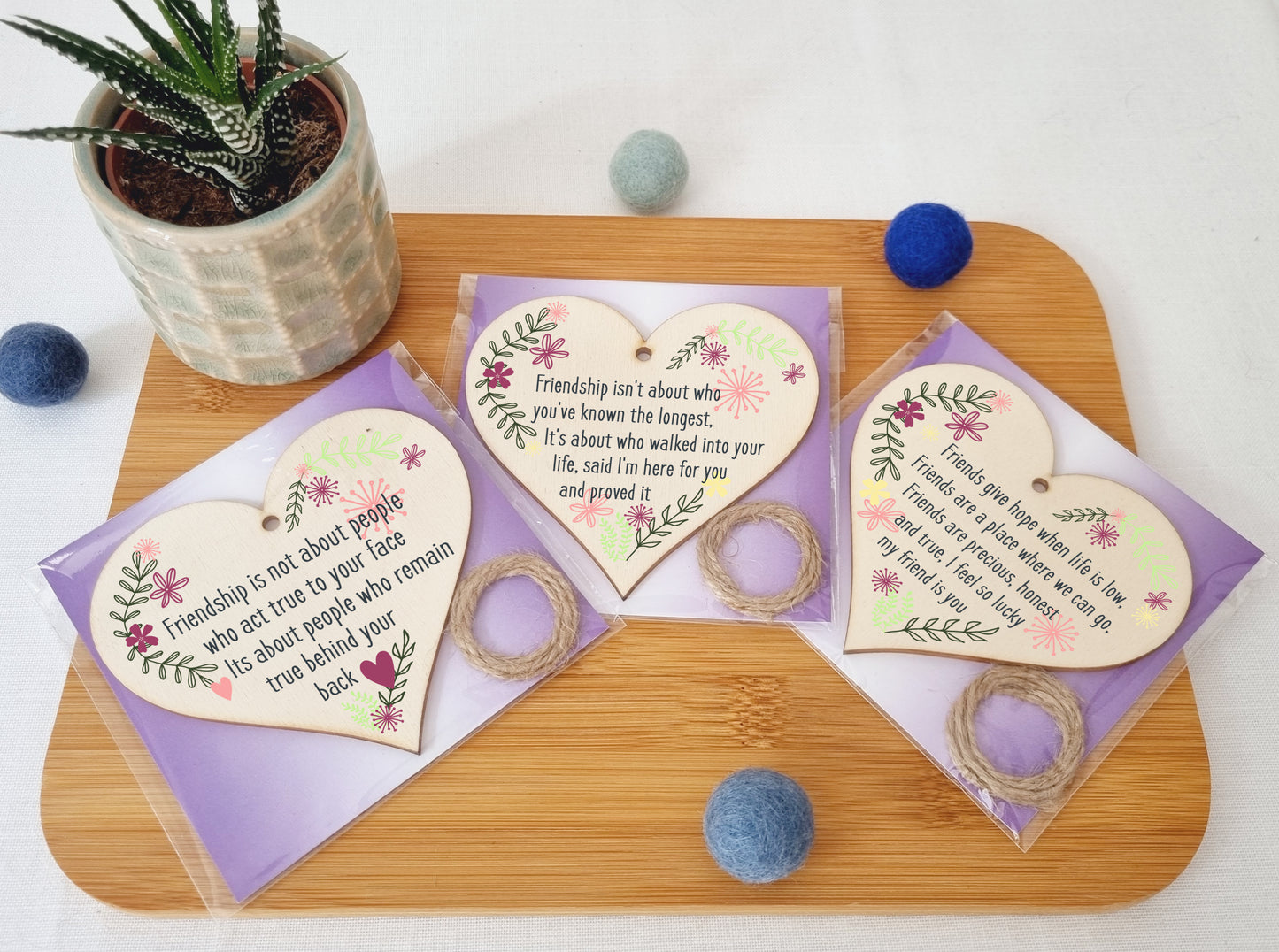 Set of 3 Hanging Decorations Wooden Hearts Friendship Gifts or BFF Besties Celebration | Friends Are Precious | Friends Stay True