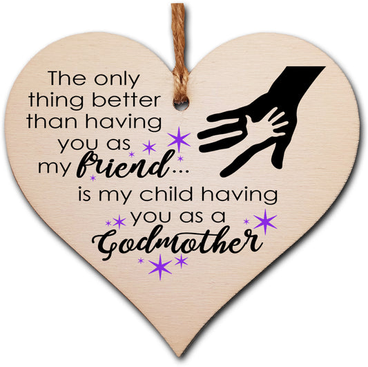 Handmade Wooden Hanging Heart Plaque Gift for Friend Godmother Loving Thoughtful Thank You Keepsake