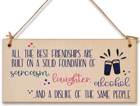 Handmade Wooden Hanging Wall Plaque Best Friendships Built On Laughter Alcohol Sarcasm Funny Gift for Friend