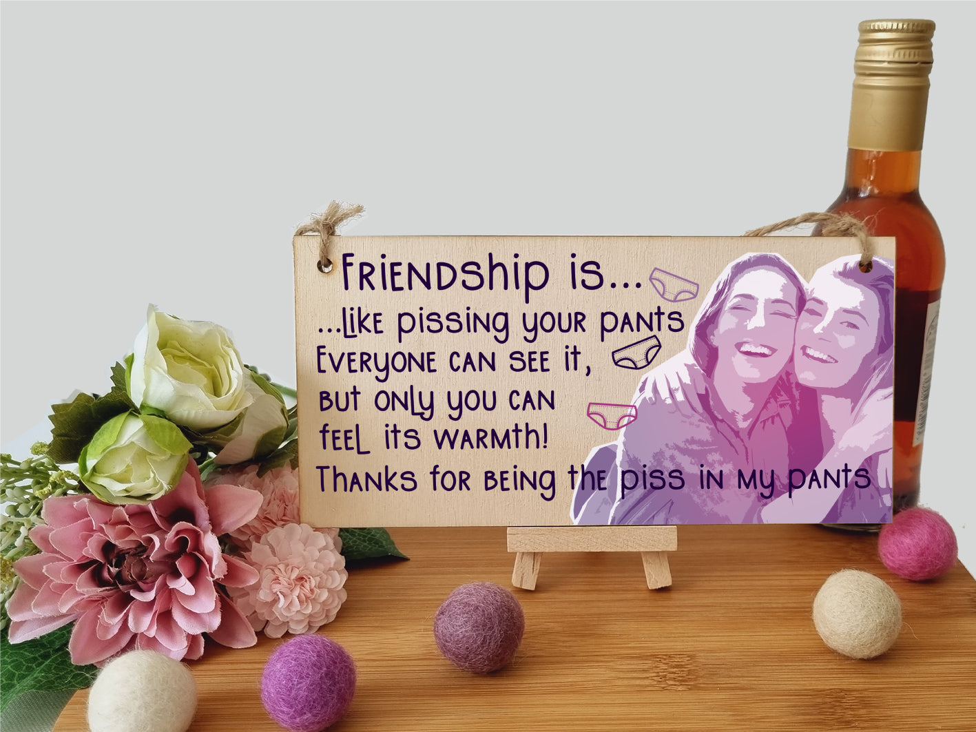 Handmade Wooden Hanging Wall Plaque Friendship is Like Pants Feel It's Warmth Funny Joke Rude Gift Sign