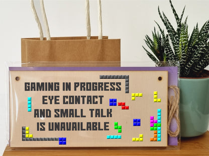 Handmade Wooden Hanging Wall Plaque Gaming In Progress Novelty Gift Gamers Computer Game Fans Man Cave Sign