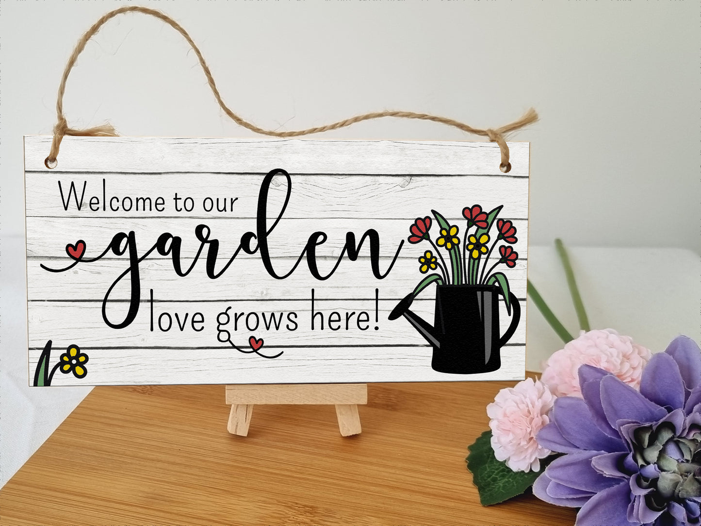 Welcome to Our Garden Love Grows Decorative Rustic Gift Handmade Wooden Plaque Home Décor Hanging Sign Family