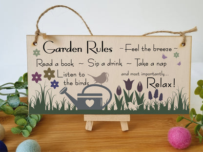 Handmade Wooden Hanging Wall Plaque Garden Rules Relax Feel the Breeze Take a Nap Pretty Sign for Gardeners