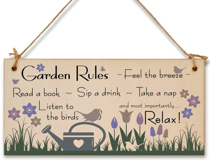 Handmade Wooden Hanging Wall Plaque Garden Rules Relax Feel the Breeze Take a Nap Pretty Sign for Gardeners