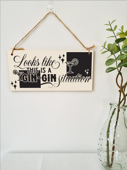 Gin Gin Situation Funny Novelty Handmade Wooden Plaque Gin Lover Retro Style Home Décor Hanging Sign Kitchen Bar Gift