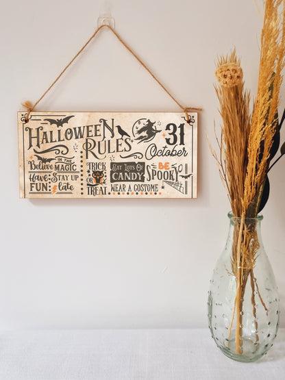 Halloween Rules Spooky Fun Vintage Decorative Halloween Sign Handmade Wooden Hanging Wall Plaque Gift Hallway Home Décor