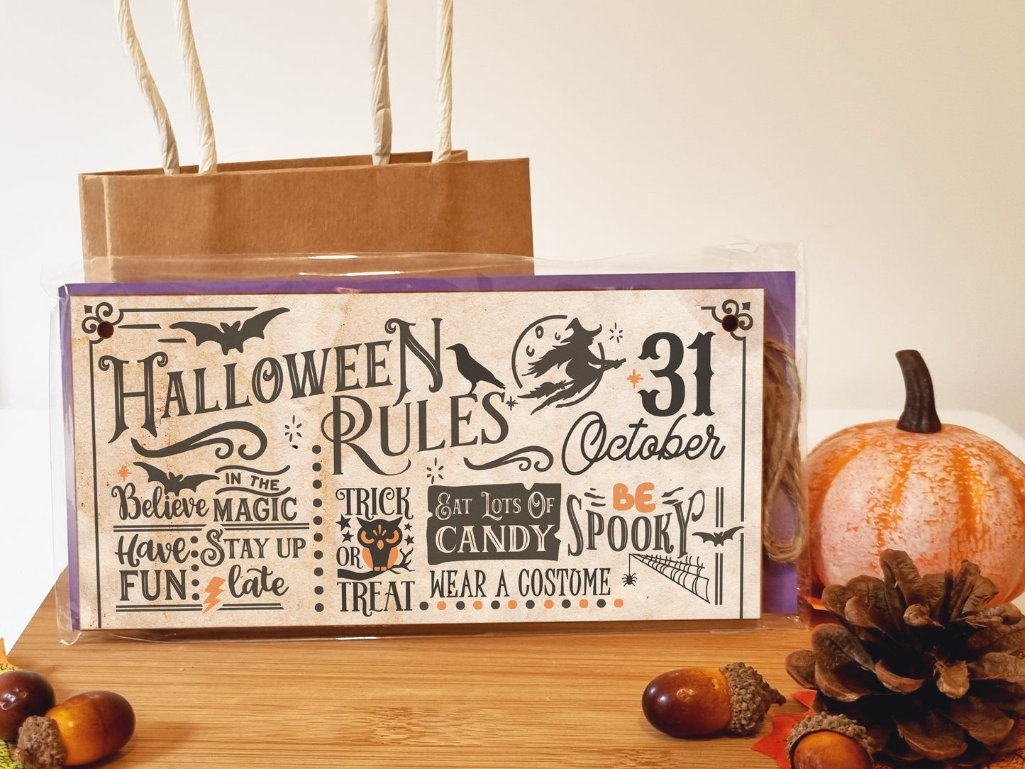 Halloween Rules Spooky Fun Vintage Decorative Halloween Sign Handmade Wooden Hanging Wall Plaque Gift Hallway Home Décor