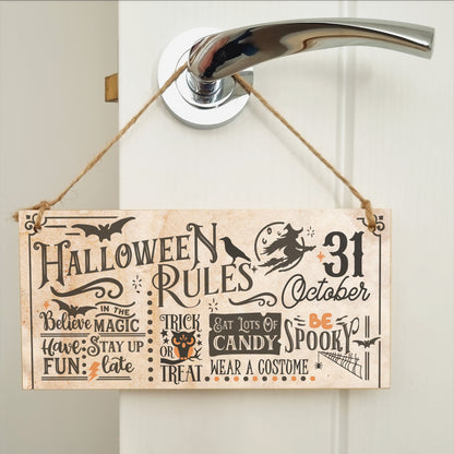 Halloween Rules Spooky Fun Vintage Decorative Halloween Sign Handmade Wooden Hanging Wall Plaque Gift Hallway Home Décor