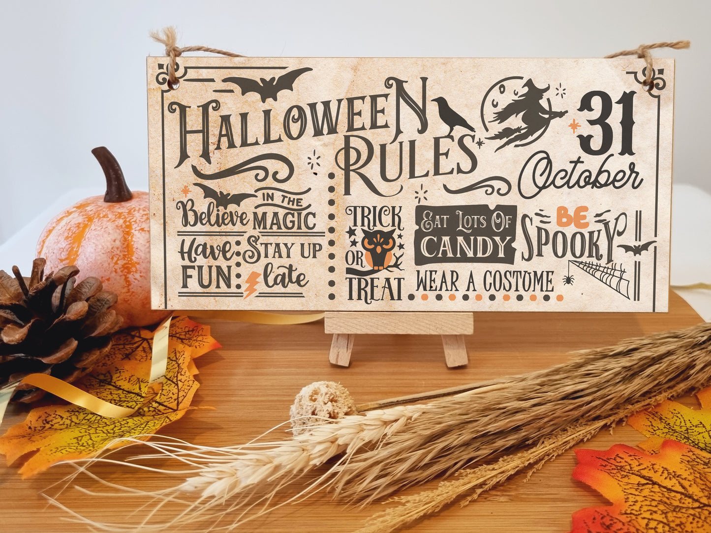 Halloween Rules Spooky Fun Vintage Decorative Halloween Sign Handmade Wooden Hanging Wall Plaque Gift Hallway Home Décor