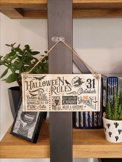 Halloween Rules Spooky Fun Vintage Decorative Halloween Sign Handmade Wooden Hanging Wall Plaque Gift Hallway Home Décor