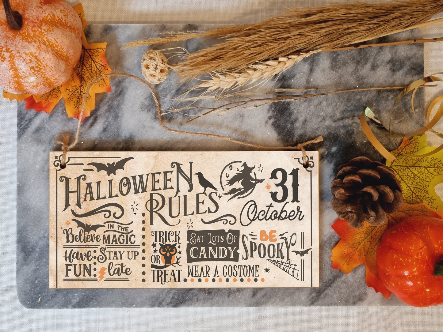 Halloween Rules Spooky Fun Vintage Decorative Halloween Sign Handmade Wooden Hanging Wall Plaque Gift Hallway Home Décor