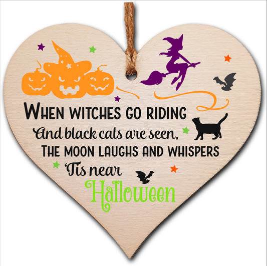 Witches Go Riding Black Cats Tis Halloween Spooky Fun Hanging Heart Wooden Decoration Gift Card Alternative