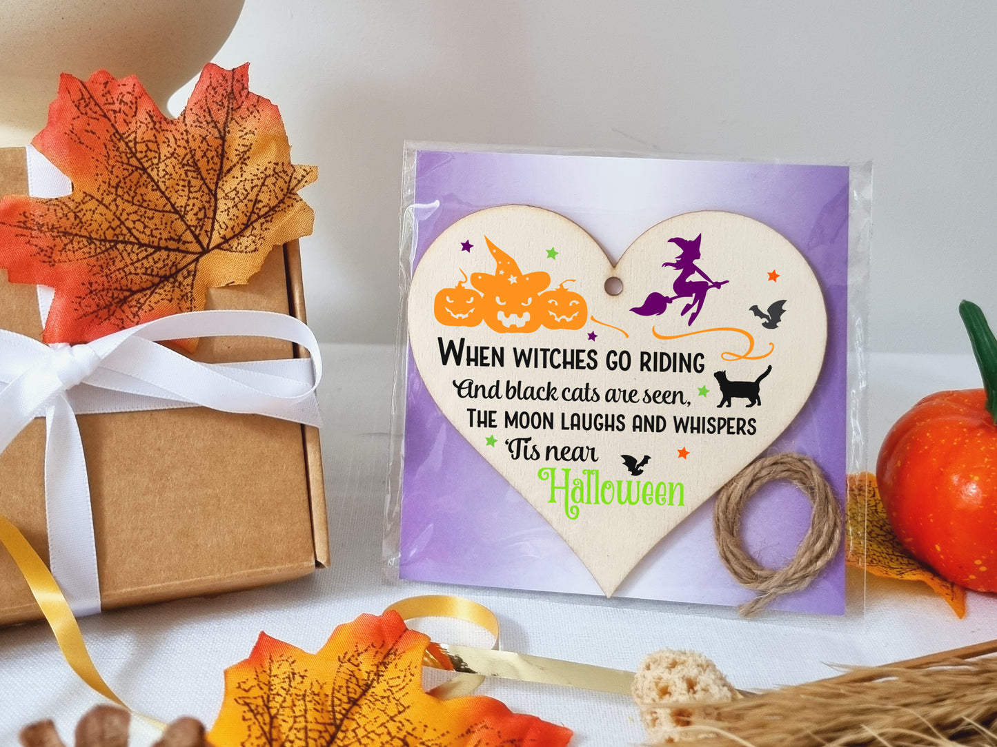 Witches Go Riding Black Cats Tis Halloween Spooky Fun Hanging Heart Wooden Decoration Gift Card Alternative