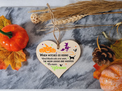 Witches Go Riding Black Cats Tis Halloween Spooky Fun Hanging Heart Wooden Decoration Gift Card Alternative