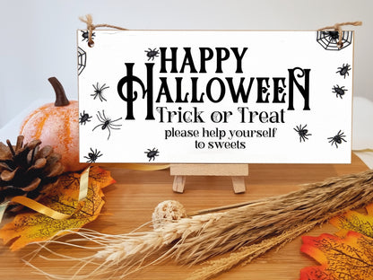 Treat or Treat Help Yourself to Sweets Happy Halloween Sign Handmade Wooden Hanging Wall Plaque Gift Hallway Home Décor