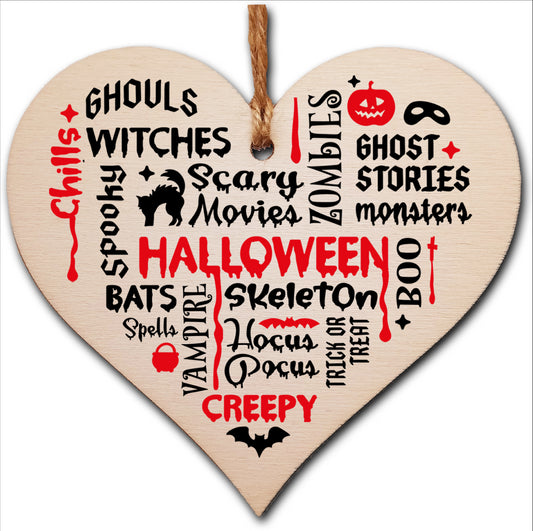 Scary Halloween Ghosts Monsters Spooky Fun Word Art Hanging Heart Wooden Decoration Gift Card Alternative