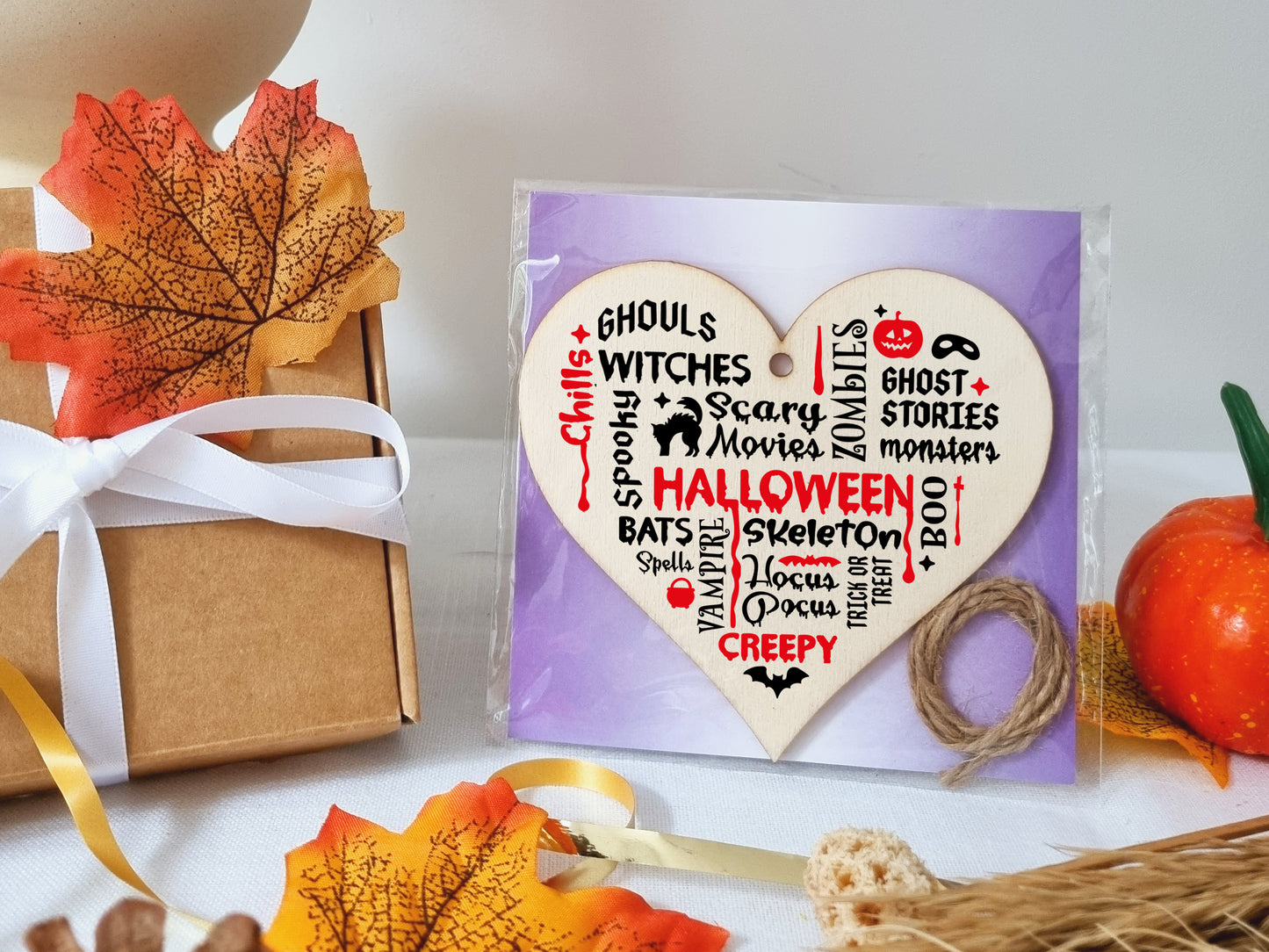 Scary Halloween Ghosts Monsters Spooky Fun Word Art Hanging Heart Wooden Decoration Gift Card Alternative