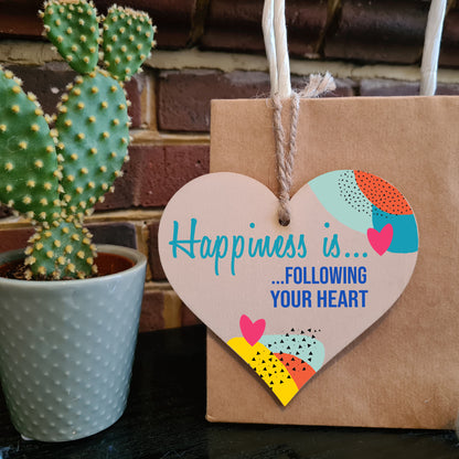 Handmade Wooden Hanging Heart Plaque Gift Happiness is Following Your Heart Inspirational Wall Hanger Card Alternative Friendship Family