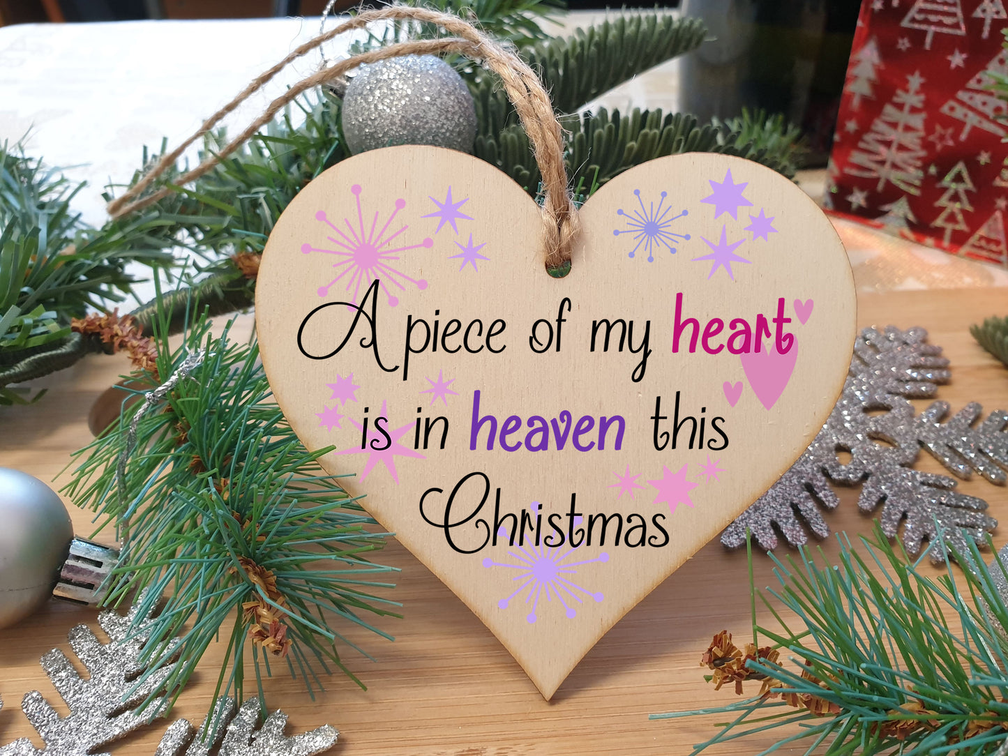 Handmade Christmas Hanging Wooden Heart Plaque Decoration Gift to Remember Lost Loved Ones festive bauble