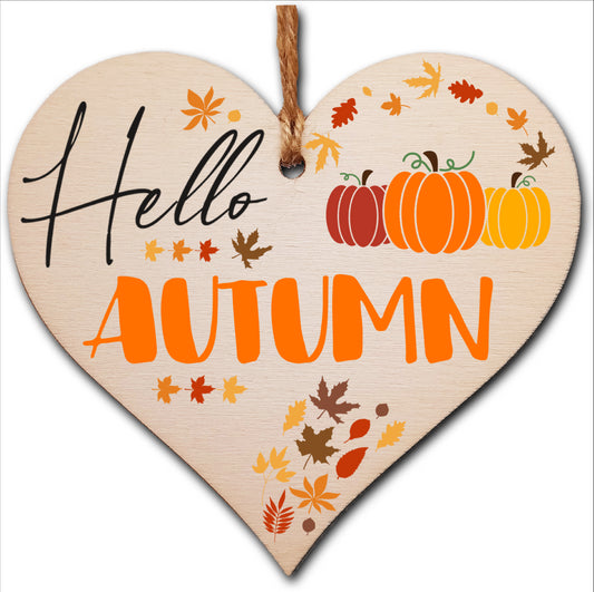 hello Autumn Seasonal Red Gold Falling Leaves Pumpkin Decorative Hanging Heart Wooden Decoration Gift Card Alternative