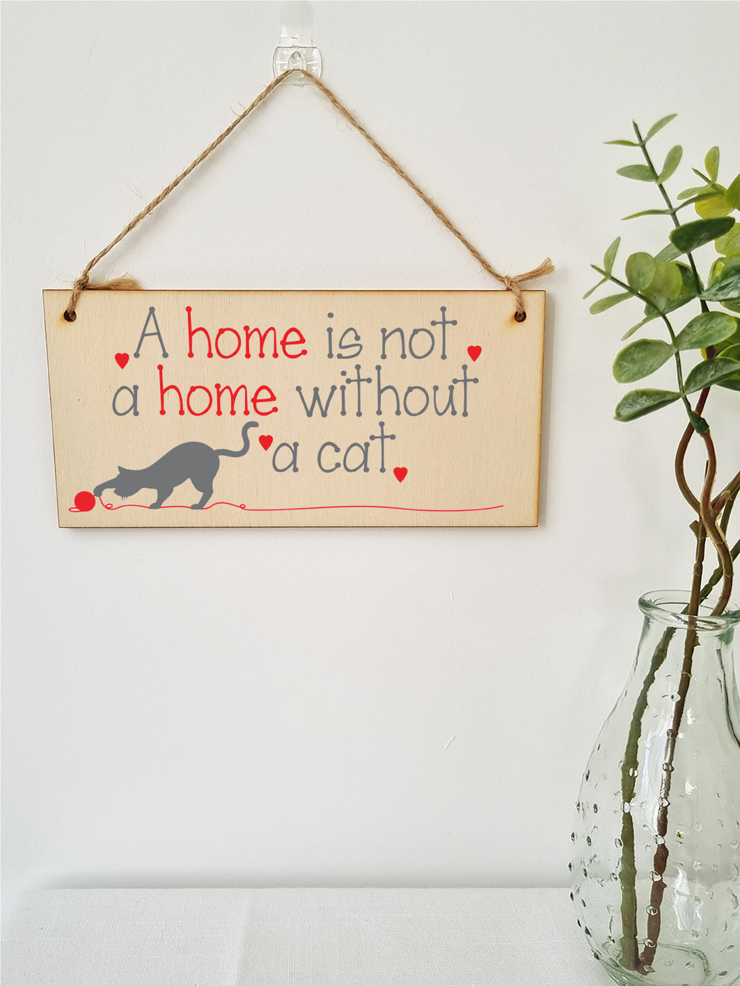 Handmade Wooden Hanging Wall Plaque Not a Home Without a Cat Pet Lover Cat Mum Dad Cute Gift Sign