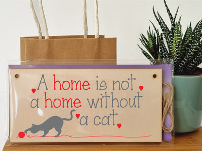 Handmade Wooden Hanging Wall Plaque Not a Home Without a Cat Pet Lover Cat Mum Dad Cute Gift Sign