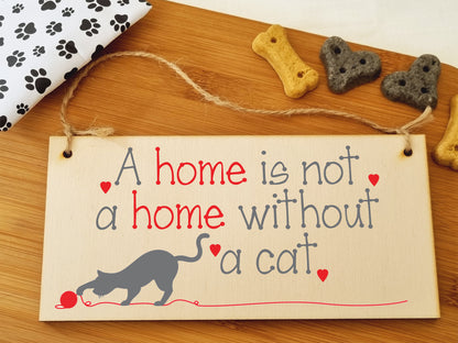 Handmade Wooden Hanging Wall Plaque Not a Home Without a Cat Pet Lover Cat Mum Dad Cute Gift Sign