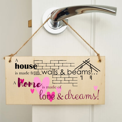 Handmade Wooden Hanging Wall Plaque House is Made from Walls and Beams Home Love Dreams Sentimental Family