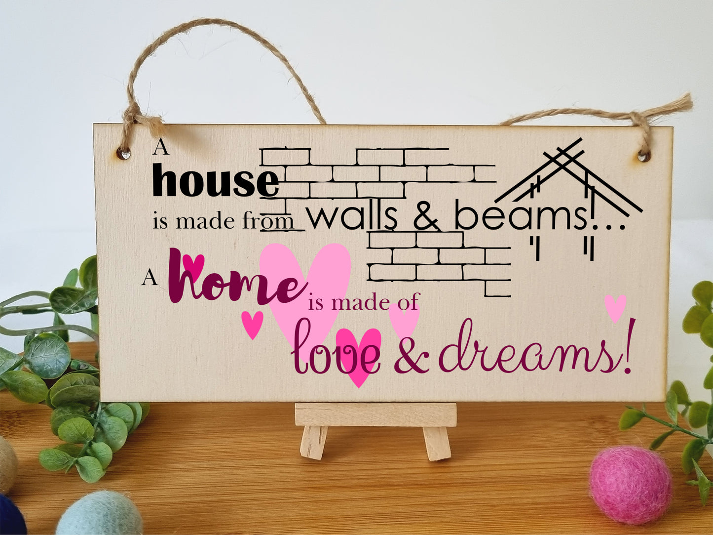 Handmade Wooden Hanging Wall Plaque House is Made from Walls and Beams Home Love Dreams Sentimental Family