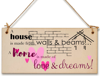 Handmade Wooden Hanging Wall Plaque House is Made from Walls and Beams Home Love Dreams Sentimental Family