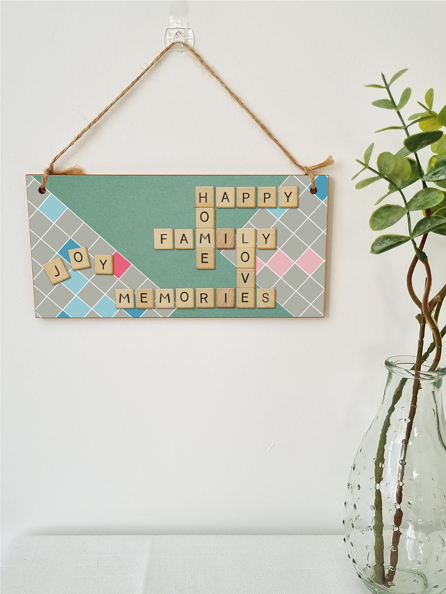 Handmade Wooden Hanging Wall Plaque Happy Home Family Memories Love Joy Scrabble Decorative Sign Family