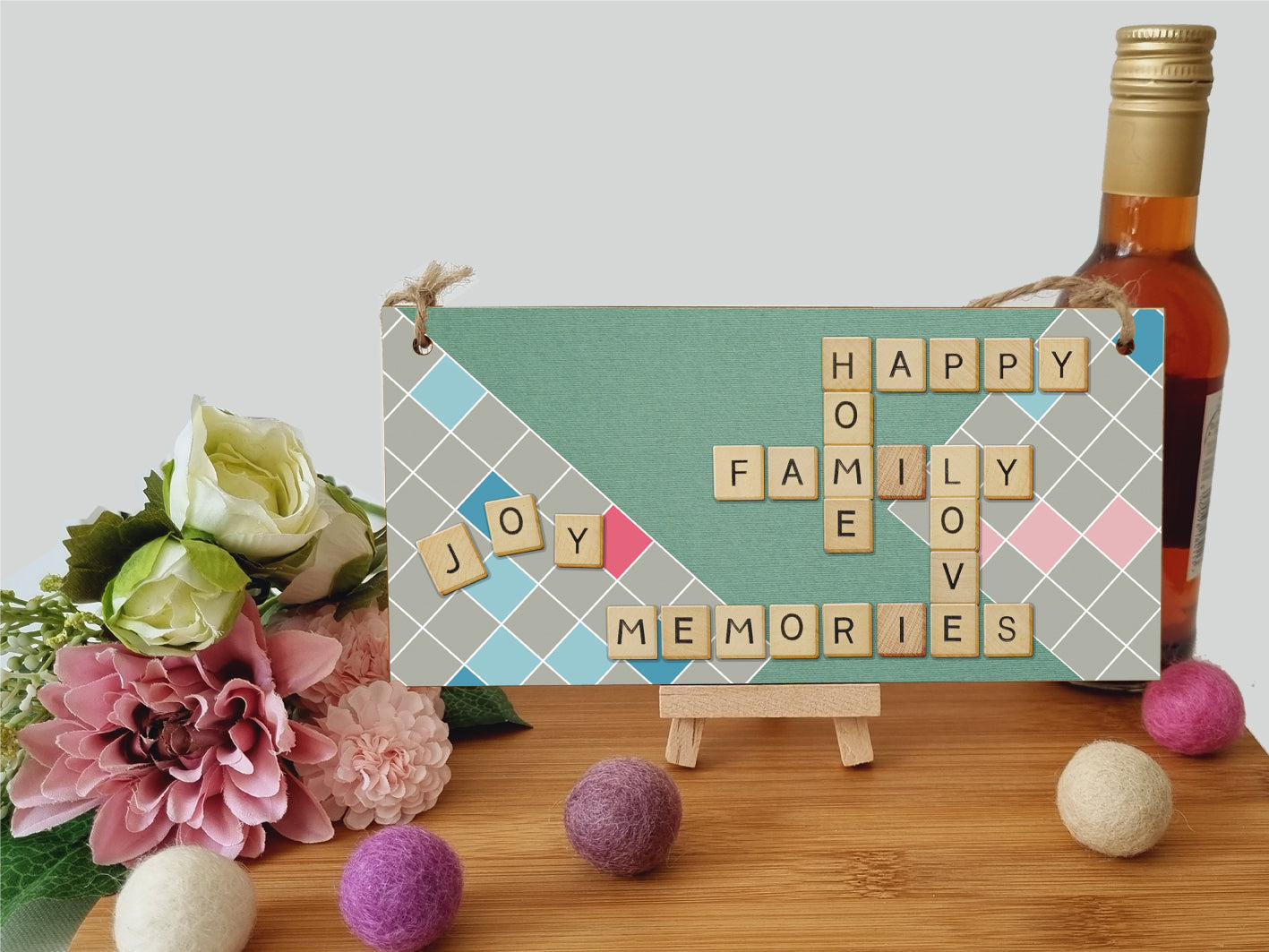 Handmade Wooden Hanging Wall Plaque Happy Home Family Memories Love Joy Scrabble Decorative Sign Family