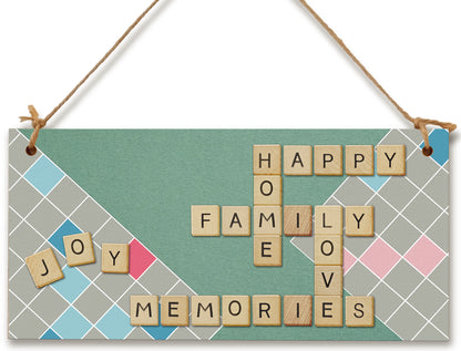 Handmade Wooden Hanging Wall Plaque Happy Home Family Memories Love Joy Scrabble Decorative Sign Family