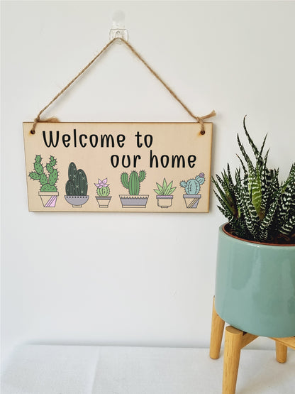 Handmade Wooden Hanging Wall Plaque Welcome to Our Home Cactus House Plants Decorative Sign New Home Gift Hallway