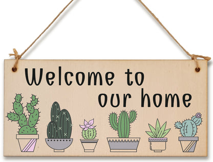 Handmade Wooden Hanging Wall Plaque Welcome to Our Home Cactus House Plants Decorative Sign New Home Gift Hallway