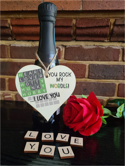 Handmade Wooden Hanging Heart Plaque Gift You Rock My World Wordle Love You Funny Hubby Husband Words