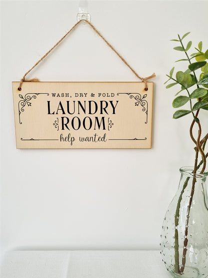 Handmade Wooden Hanging Wall Plaque wash.dry.fold Laundry Room Help Wanted Funny Decorative Sign Gift for Mum