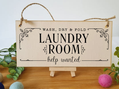 Handmade Wooden Hanging Wall Plaque wash.dry.fold Laundry Room Help Wanted Funny Decorative Sign Gift for Mum