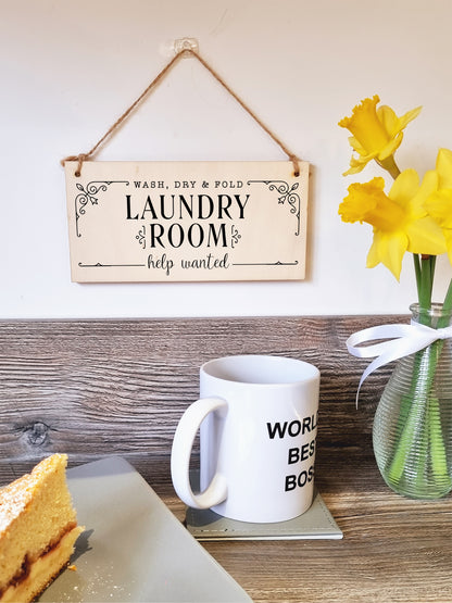 Handmade Wooden Hanging Wall Plaque wash.dry.fold Laundry Room Help Wanted Funny Decorative Sign Gift for Mum