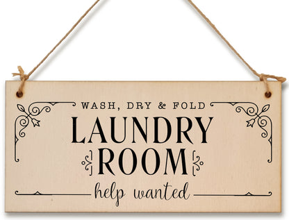 Handmade Wooden Hanging Wall Plaque wash.dry.fold Laundry Room Help Wanted Funny Decorative Sign Gift for Mum