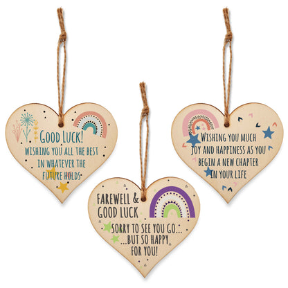 Set of 3 Hanging Decorations Wooden Hearts Leaving Card Gift Work Colleague | Farewell & Good Luck | Happiness & Joy New Chapter